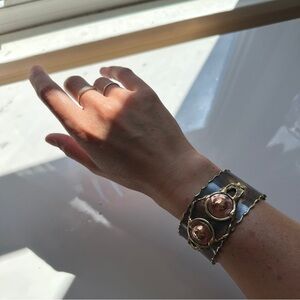 Vintage 80s brutalist statement metal cuff bracelet copper gold brass steampunk